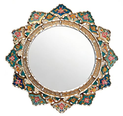 Peruvian Round Wall Mirror - Boho Flower Shape Vintage Decor, Acrylic wooden decorative mirror with flat printed patterns, Small Blue Accent for Bedroom, Bathroom & Living Room（2D planar printing） - color: Blue