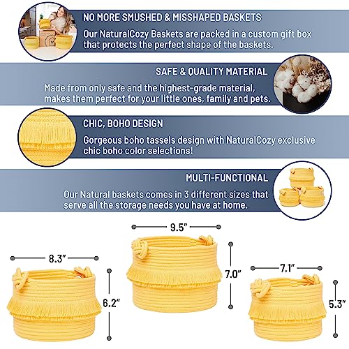 NaturalCozy 3-Piece Boho Decor Storage Basket Set – Cotton Rope Woven Baskets for Organizing! Small Basket for Baby Stuff, Baby Shower, Gift Basket, Nursery Baby Basket, Planter, Toy Basket, Shelves - color: Gold