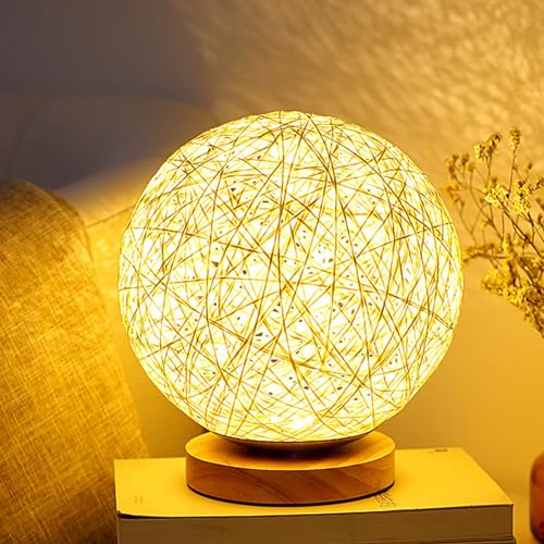 Garosa Rattan Ball Lamp, Dimmable LED Table Lamp with USB Charger, Stylish Wicker Night Light for Bedroom Living Room Wood Base 3W
