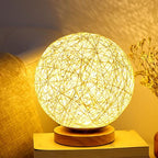 Garosa Rattan Ball Lamp, Dimmable LED Table Lamp with USB Charger, Stylish Wicker Night Light for Bedroom Living Room Wood Base 3W