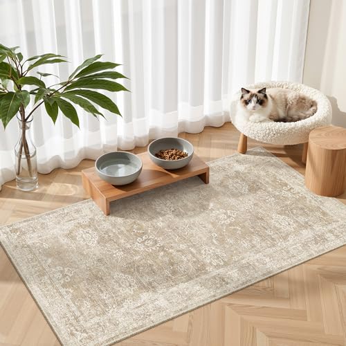 Madane 2x4 Washable Rugs for Entryway, Low Pile Non-Slip Area Rug Kitchen Door Mat, Vintage Soft Throw Neutral Rug Floor Mat for Indoor Front Entrance Bathroom Hallway (2 x 4, Beige/Brown) - color: Beige/Brown, size: 2' x 4' (Rectangular)