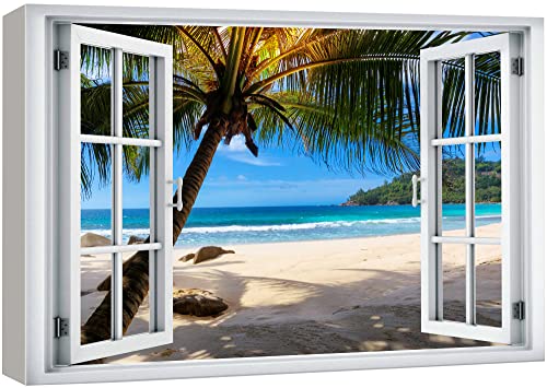 wall26 Canvas Print Wall Art Window View Tropical Island Beach Vacation Paradise Wilderness Nature Photography Realism Scenic Landscape Colorful Multicolor for Living Room, Bedroom, Office - 12"x18" - color: A40-2204-est01, size: 18"L x 12"W