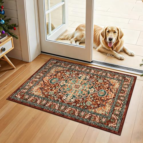 U'Artlines 2' x 3' Boho Hallway Runner Rug, Non Slip Washable Vintage Farmhouse Accent Area Rug Carpet for Kitchen Entryway Laundry and Living Room (Rust＆Teal) - color: Rust＆teal, size: 2 x 3 ft (Runner)