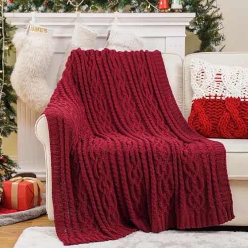 Battilo Christmas Dark Red Throw Blanket for Couch, Bed, Sofa, 51"x67", Woven Chenille Knit Throw Blankets, Gift Blanket, Cozy Warm Decorative Textured Throw Blanket for Living Room - color: Dark Red