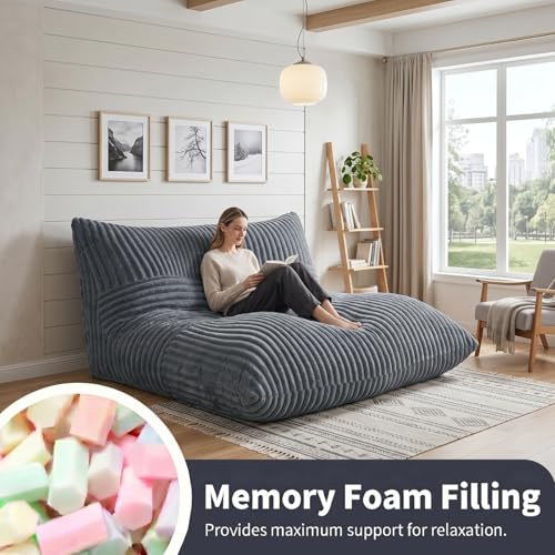 3 in 1 Bean Bag Chair with Memory Foam Filler, Beanbag Chairs for Adult with Washable Cover, Fluffy Oversize Bean Bag Chair Reading Lounger for Bedroom & Living Room (Dark Grey) - color: Dark Grey