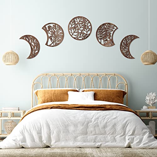 Jetec 5 Pcs Moon Phase Wall Art Decor Wall Pediments Hanging Wooden Phase Spiritual Bedroom Nordic Boho Lunar Aesthetic Art for Living Room Dorm Apartment Ornament(Brown,10.6 Inch,Botanical) - color: Brown, size: 10.6 Inch