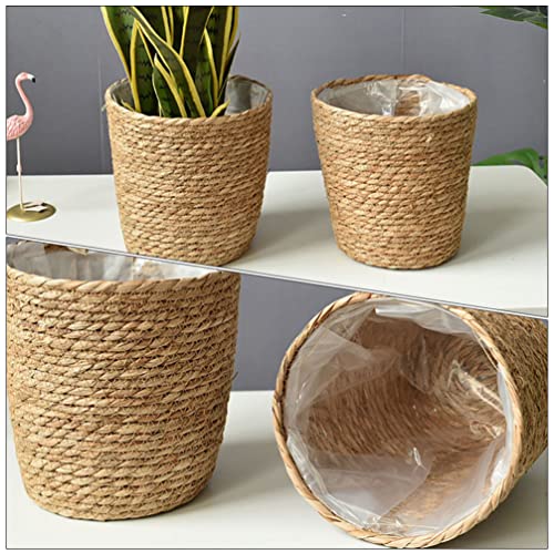 Beavorty Woven Flower Basket Hand Woven Straw Planter with Plastic Liner 8.66 Inch Indoor Decorative Plant Pot for Home Office Garden - size: 22X15CM