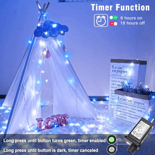 100FT 300 LED Outdoor String Lights, Plug in Connectable Christmas Lights Indoor Waterproof, 8 Modes String Lights for Outside Bedroom Home Xmas Tree Patio Yard Party Decorations, Blue and White - color: Blue and White, size: 100ft 300LED