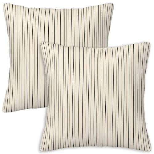 Pinstripe Throw Pillow Covers 18x18 Set of 2 | Black Beige Decorative Cushion Covers | Neutral Farmhouse Pillow Cases for Couch Sofa Bed Living Room - color: Ticking Stripe