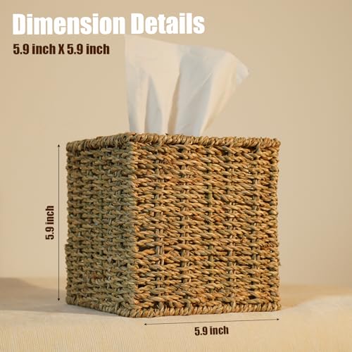 PINXIURY Seagrass Handwoven Wicker Tissue Box Cover, Natural Handmade Napkin Box Holder, Handcrafted Square Facial Tissue Holder for Bathroom, Rustic Decorative on Table and Bathroom,Boho Decorative - color: Seagrass, size: Single