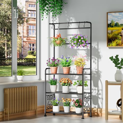 Plant Stand Indoor Outdoor Heavy Duty Metal - 56.4" Tall 3-Tier Shelf for Multiple Plants, Flowers, Rustproof Black Storage Rack for Patio, Balcony, Living Room, Garden, Includes Hooks&Adjustable Feet - size: A-3Tier-2Hanger