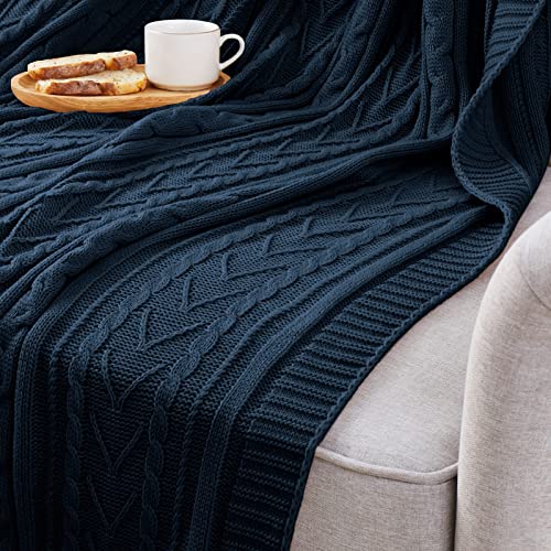 Aormenzy Navy Blue Cable Knit Throw Blanket Queen Size for Bed Couch Sofa, Super Soft Cozy Knitted Blanket 90" x 90" Bed Blankets Full Size - color: Navy Blue, size: 90" x 90", Queen