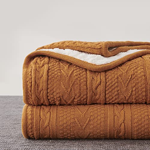 Longhui bedding Burnt Orange 50 x 63 Inches Acrylic Cable Knit Sherpa Throw Blanket - Thick, Soft, Big, Cozy Knitted Fleece Blankets for Couch, Sofa, Bed - Large Coverlet All Season - color: Burnt Orange, size: 50" x 63", Standard
