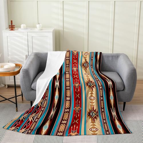 Aztec Bed Blanket Throw Size, Ethnic Tribal Arrow Flannel Fleece Blanket, Vintage Southwestern Native Bohemian Throw Blanket, Western Star Exotic Geometric Diamond Fuzzy Sherpa Blanket Room Decor - color: Multi 03, size: Throw