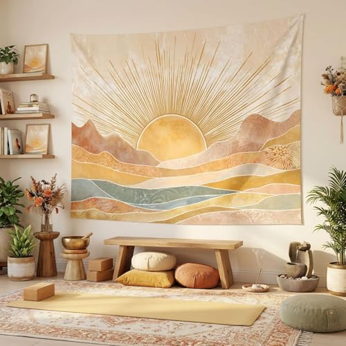 Lifeel Boho Sun Mountain Tapestry, Vintage Minimalist Sunset Geometric Bohemian Abstract Art Tapestries for Bedroom Living Room, 44x60 inches - color: Yellow, size: 60"L x 44"W