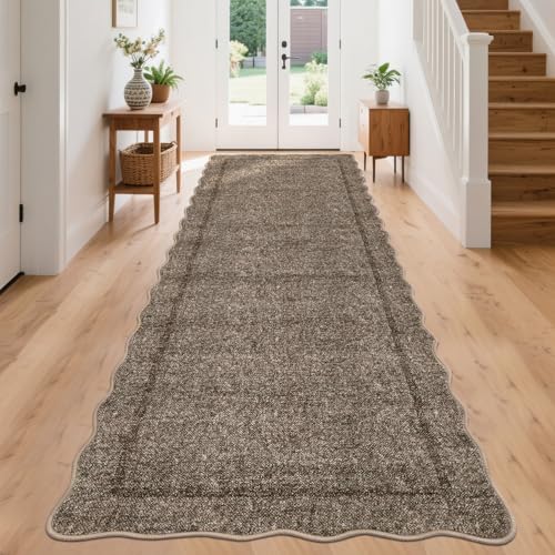 GarveeHome Scalloped Washable Runner Rug 2x10 Runner Modern Kitchen Runner Non Slip Farmhouse Entryway Rug Soft Bathroom Rugs Stain Resistant Carpet for Laundry Bedroom 2'x10' Taupe - color: Taupe, size: 2' x 10' (Runner)