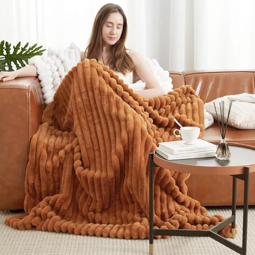 Amélie Home Faux Fur Throw Blanket for Couch, Cozy Fuzzy Fluffy Fur Luxurious Soft Striped Plush Gift Blankets for Family Sofa Chair Bedroom, 55"x70", Orange Brown - color: Striped Fall Orange Brown, size: Throw(55"x70")