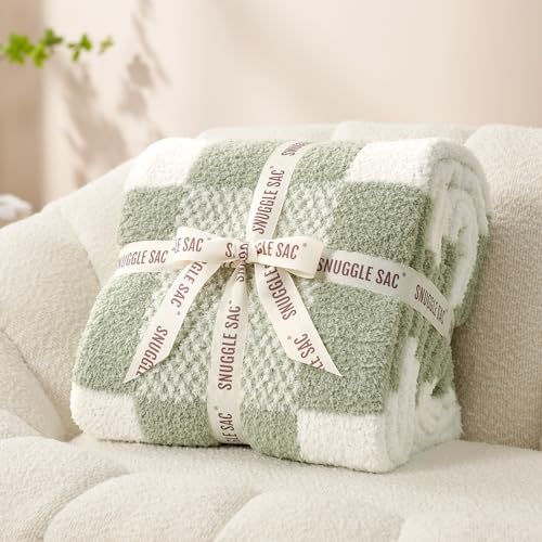 Snuggle Sac Checkered Blanket, Sage Green Throw Blanket for Couch Plaid Microfiber Fluffy Warm Cozy Fuzzy Soft Throw Blanket Reversible Checker Blankets for Sofa, Chair, Bed, 50x60 inches - color: Checker Sage Green, size: Throw(50"x60")