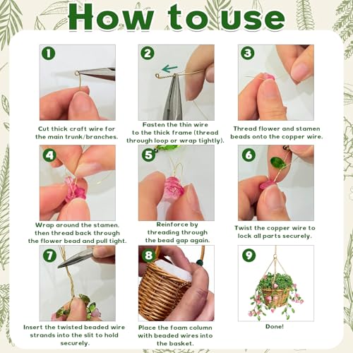 GUJYUYIF Beaded Plant Kit Green Glass Leaf Beads with Rattan Basket, Hanging Suncatchers Beading Kit for Jewelry Making DIY Craft Kit Plants - color: Pink-Green