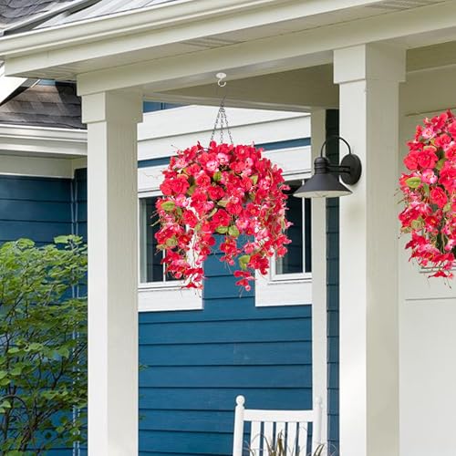 HyeFlora Artificial Fake Hanging Hibiscus Flower Baskets for Outdoor Decoration, Faux Silk Hibiscus Long Vines in Planter UV Resistant Realistic Flowers for Outside Porch Patio Home Decor, RedPink - color: Redpink