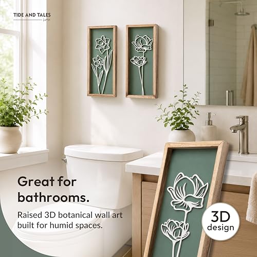 3D Floral Green Wall Art (Set of 2) Lightweight, Wooden Ready-to-Hang Boho Framed Wall Art for Bathroom, Bedroom, Living Room or Office – Premium Sage Green Farmhouse Decor – Gift-Boxed - color: Green, size: 7" x 16"