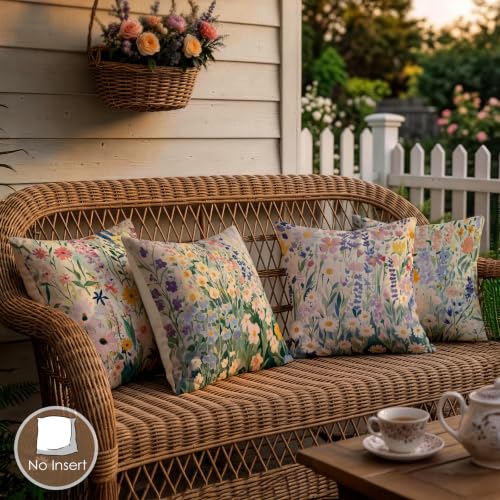 OBSEDE Cottage Wildflower Decorative Throw Pillow Covers, Set of 4 Rustic Farmhouse Cushion Cases 18x18 Inch - color: Cottage Wildflower