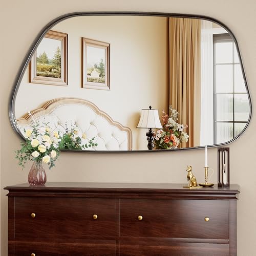 Irregular Wall Mirror 55"x28" Bathroom Mirrors Asymmetrical Artistic Decorative for Living Room Bedroom Bathroom Hallway Entryway,Trapezoid,Black - color: Black, size: 55"L x 28"W