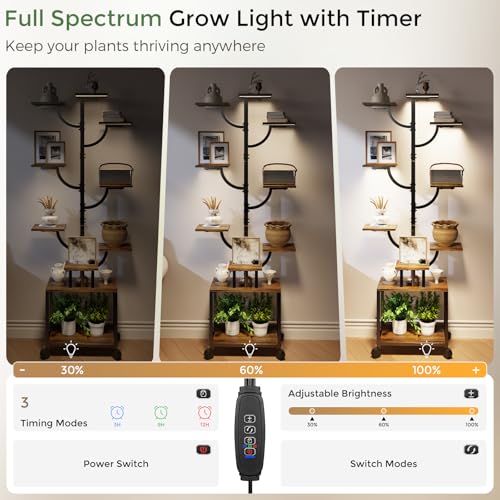 Plant Stand Indoor with Grow Lights - 9-Tier Plant Stand with Wheels, Tall Metal and Wood Indoor Plant Shelf with Tree Design, Rolling Flower Pot Holder Rack with Waterproof Finish, Adjustable Display Stand for Home Garden, Patio, 62" Tall - size: 62in