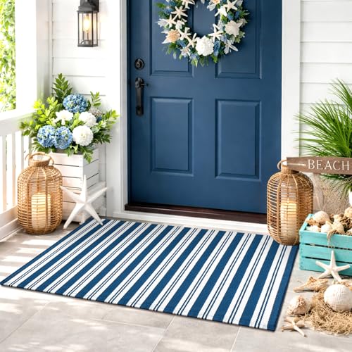Moucuny Navy Blue and White Striped Outdoor Rug, 2' x 3' Nautical Beach Front Porch Rug Navigation Welcome Layering Doormat for Entryway Entrance Patio Decor - color: Steel Blue and White, size: 2' X 3', style: Vertical Stripe