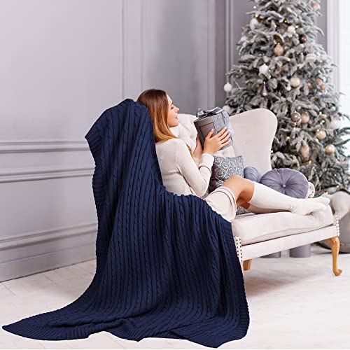 uxcell 100% Cotton Knitted Throw Blanket for Sofa and Couch Soft Lightweight Cable Knit Blanket Home Decors Blanket, Navy Blue 50" x 60" - color: Navy Blue, size: Throw (50" *60")