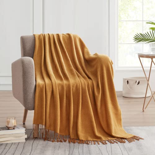 BOURINA Herringbone Two Tone Throw Blanket Faux Cashmere Fringe Soft Lightweight Cozy for Bed Couch Decorative Throws Blanket,Gold, 50" x 60" - color: Gold, size: 50"x60"