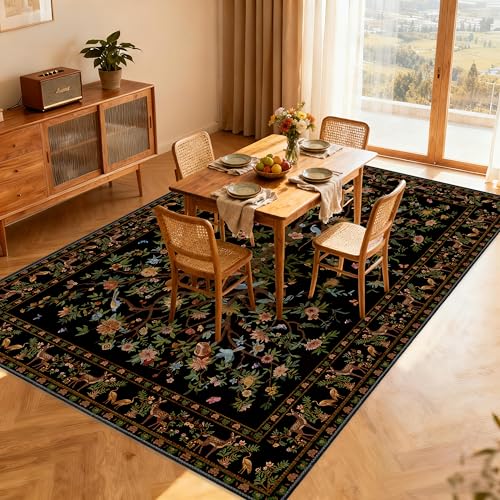 Black Area Rugs 5x7, Machine Washable Non-Slip Rug, Boho Floral Botanical Soft Low Pile Throw Rugs for Living Room, Bedroom, Dining Room, Office - color: Black, size: 7' x 5' (Rectangular)