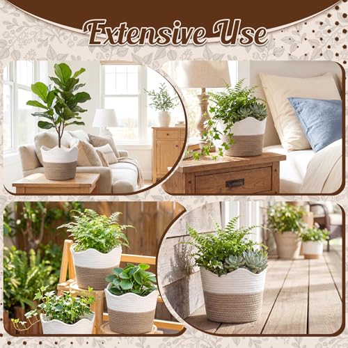 4 Pcs Large Cotton Rope Plant Basket Modern Woven Baskets for Flower Pot Floor Indoor Planters, Storage Organizer Baskets Home Decor, White Brown