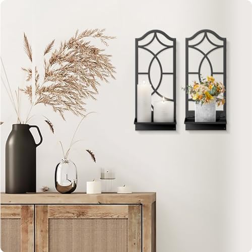 Candle Wall Sconces Set of 2, Black Metal Wall Art Decor for Living Room, Dining Room, Bedroom, Bathroom (16.5 x 7 in) - color: Black Modern