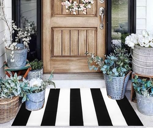Black and White Striped Rug Doormat 24"x35" Washable Front Porch Rug Farmhouse Layered Door Mats Outdoor - color: Black White, size: 2' x 3' (Rectangular)