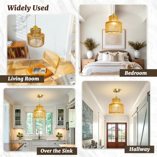 7.9″ Rattan Pendant Light Fixture Boho Woven Chandelier Ceiling Pendant Light Round Adjustable Hanging Lamp for Dining Room Kitchen Island Hallway Bedroom - color: 7.9″