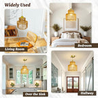 7.9″ Rattan Pendant Light Fixture Boho Woven Chandelier Ceiling Pendant Light Round Adjustable Hanging Lamp for Dining Room Kitchen Island Hallway Bedroom - color: 7.9″