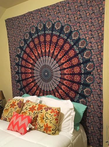 Bless International Handmade Indian hippie Bohemian Psychedelic Peacock Mandala Wall hanging College Dorm Beach Throws Table Cloth Bedding Tapestry (Blockbuster, Medium(54x60Inches)(137x152cms)) - color: Blockbuster, size: 60"L x 54"W