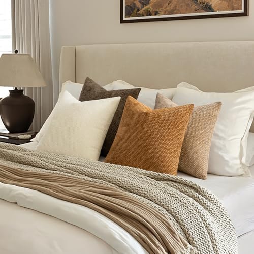 MIULEE Pack of 4 Brown Couch Throw Pillow Covers 18x18 Inch Soft Decorative Chenille Pillows Farmhouse Accent Cushions for Boho Home Decor Spring Sofa Bedroom Living Room - color: Brown, size: 18" x 18" (Pack of 4)