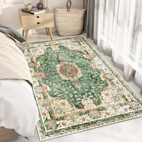 Green Rug 3'x5',Washable Area Rugs for Bedroom Living Room Kitchen Entryway Bedside,Small Boho Vintage Bohemian Distressed Oriental Non Slip Carpet,Retro Sage Floral - color: Green, size: 3'x5'