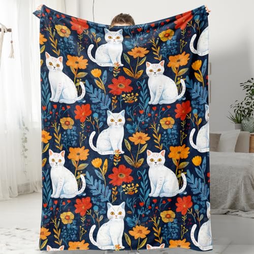 Cute Cat Throw Blanket Colorful Floral Wildflower Bed Blanket Flower Cat Print Blankets for Cat Lovers Super Soft Flannel Fleece Throw Blanket for Bed Couch 60” x 80” - color: Cat Flower, size: 60" X 80"