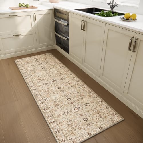 Machine Washable Hallway Runner Rug: 2'x6' Kitchen Rugs Soft Non-Slip Low Pile Vintage Boho Carpet Runners for Indoor Entryway Kitchen Bedside Bedroom Bathroom Farmhouse Decor - color: Beige/Khaki/Multi, size: 2'x6'