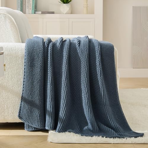 Blue Throw Blanket, Knit Throw Blanket for Couch, Soft Cozy Stretchy Reversible Garter Knitted Blankets for Bed, 50"x60", Dusty Blue - color: Dusty Blue, size: 50"x60"