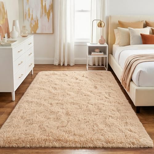 Jelymark Super Soft Shaggy Rug for Bedroom, 4x5.9 Fluffy Carpet for Living Room, Fuzzy Indoor Plush Area Rug for Home Decor, Furry Floor Rugs for Dorm, Cute Kids Nursery Rug for Girls, Beige - color: Beige, size: 4' x 6' (Rectangular)