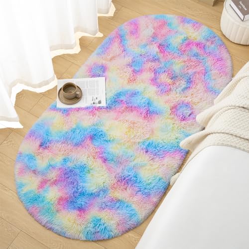 Goideal Fluffy Bedroom Rug, Small Oval Area Rugs, Rainbow Shag Bedside Carpet for Kids Room Nursery Dorm Cute Fuzzy Indoor Decor for Boy and Girl, 2.6 x 5.3 Feet - color: Rainbow