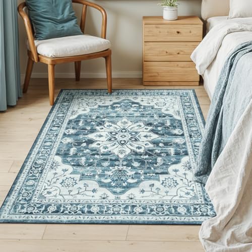 3x5 Large Entryway Rug Indoor, Coastal Blue White Non-Slip Backing Area Rugs for Kitchen - Vintage Boho Distressed Washable Rug, Soft Low Pile Carpet for Office, Lounge, Bedroom Bedside - color: Coastal Blue White, size: 3' x 5' (Rectangular)