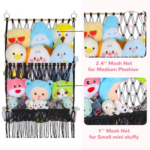 2 Tier Stuffed Animal Storage Shelf Net, 17x32Inch Large Stuffed Animal Organizer Holder Display for Mini Medium Stuffy, Black Boho Macrame Wall Plushies Stuffy Storage for Nursery Decor - color: Black, size: Large-2 Tier-17x32 Inch