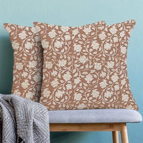 Brown Floral Throw Pillow Covers 18x18 Set of 2, Neutral Vintage Decorative Pillow Cover Flower Print Linen Outdoor Cushion Cover Brown Floral Pillowcase for Sofa Couch Farmhouse Room - color: Floral Brown, size: 18" x 18" (Pack of 2)