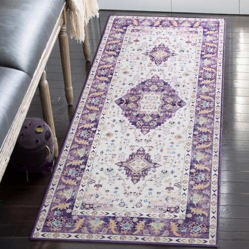 Amearea Vintage Design Area Rugs for Living Room, 2x6 Machine Washable Floral Collection Traditional Bedroom Rug, Low Pile Cute Kids Room Print Carpet, No Slip Office Kitchen Home Decor, Purple - color: Purple, size: 2' X 6' (Runner)