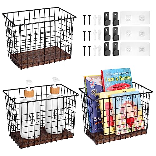 Wall Hanging Baskets 3 Pack, Diversified Wire Basket Shelves of Wooden Style, with Wall Mounted Hooks & Traceless Stickers, for Kitchen Coffee Bar Office Room Garage Storage Organization (Large) - size: Large